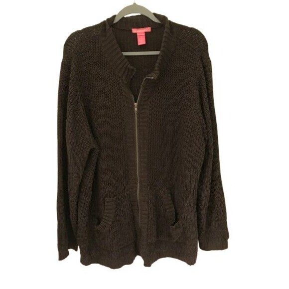 Women's 1X Cardigan Sweater Zip up Woman within Brown with pockets Long Sleeve - Picture 1 of 3